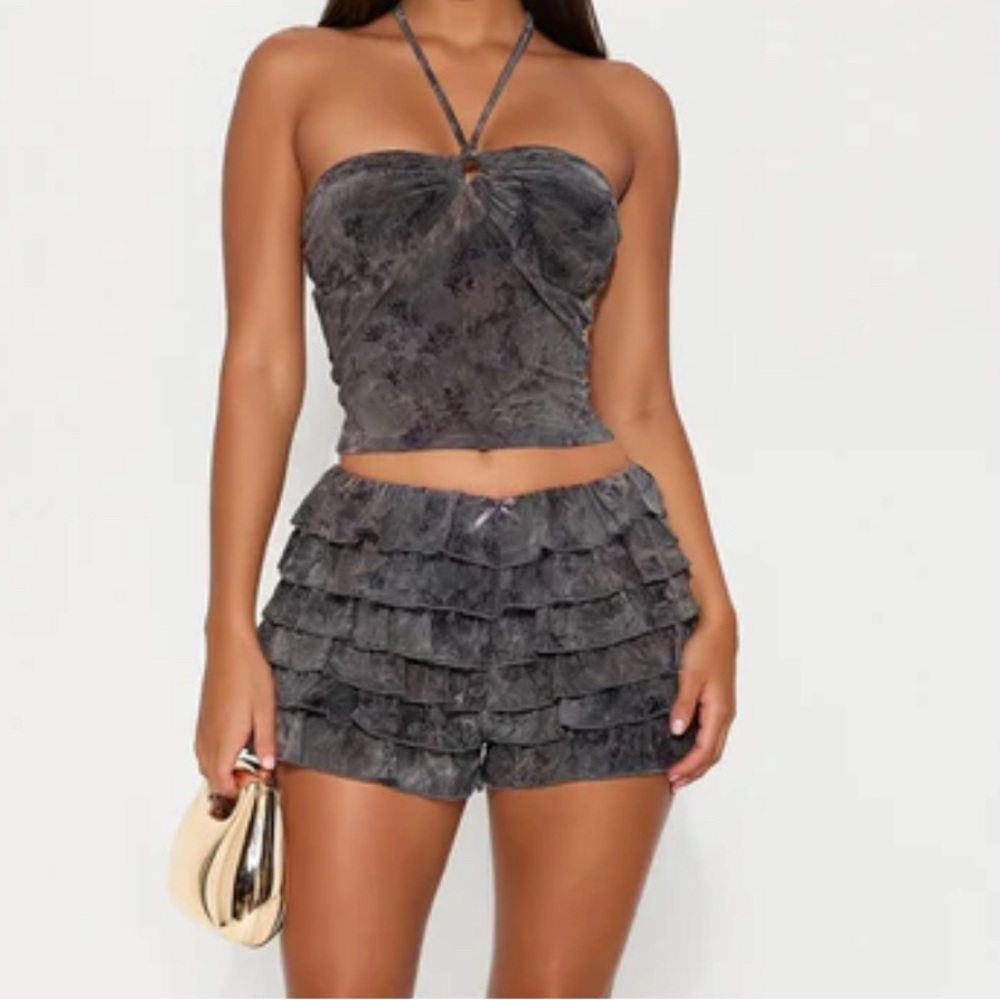 Fashion Nova Charcoal Gray Ruffle Two-Piece Set